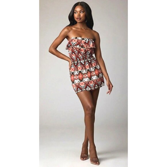Induldge Dresses & Skirts - Indulge L Coral Black Geometric Off Shoulder Tie Front Elastic Waist India Dress